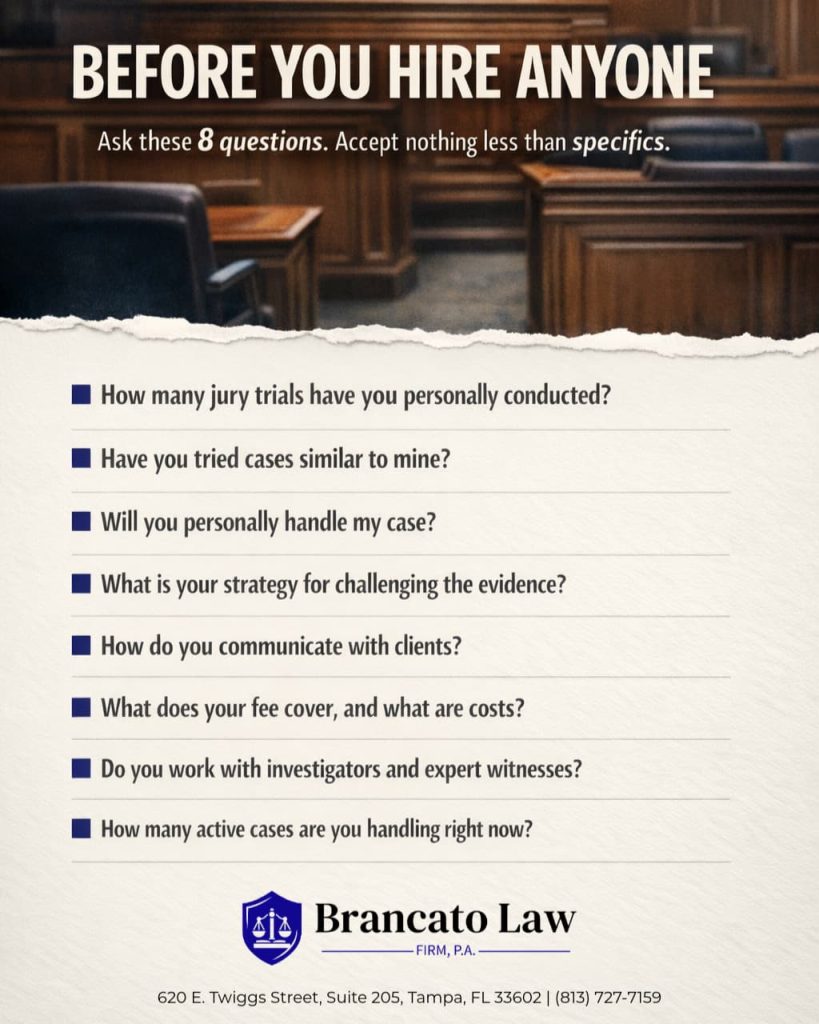 Printable consultation checklist by Tampa criminal defense attorney Rocky Brancato of The Brancato Law Firm, P.A. listing eight questions to ask every criminal defense attorney before hiring, including how many jury trials they have conducted, whether they have tried similar cases, who will personally handle your case, their evidence strategy, communication practices, fee structure, use of investigators and experts, and current caseload.
