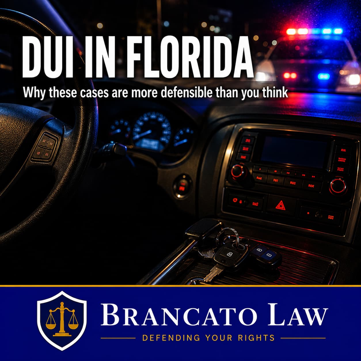 Featured image for a guide on DUI laws in Florida by Tampa criminal defense attorney Rocky Brancato of The Brancato Law Firm, P.A. A driver's interior view at night with police lights glowing through the window and keys in the console, representing a Florida DUI traffic stop under Statute 316.193 and the many points where the State's evidence can be challenged.