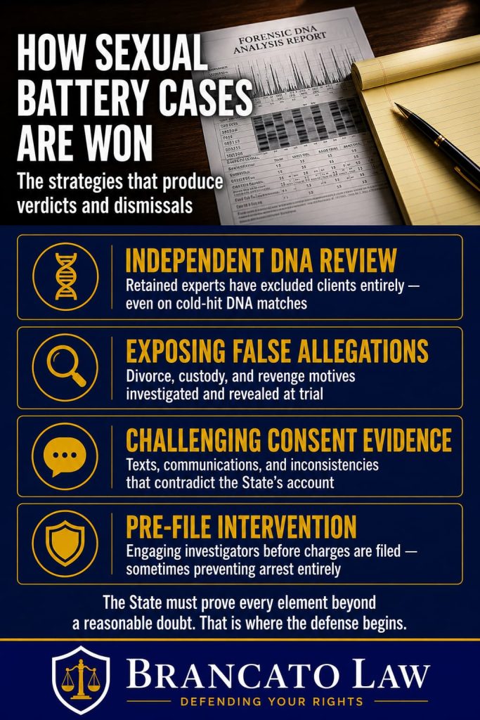 Infographic by Tampa criminal defense attorney Rocky Brancato of The Brancato Law Firm, P.A. showing strategies used to defend sexual battery cases in Florida. Independent DNA review has excluded clients entirely, even on cold-hit matches. Exposing false allegations investigates divorce, custody, and revenge motives. Challenging consent evidence uses texts, communications, and inconsistencies. Pre-file intervention engages investigators before charges are filed, sometimes preventing arrest. The State must prove every element beyond a reasonable doubt.