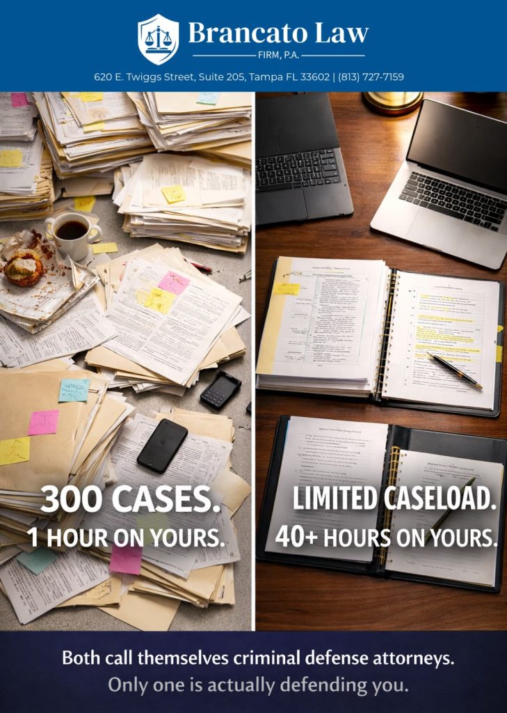 Overhead photograph comparing two attorney desks side by side, created for Tampa criminal defense attorney Rocky Brancato of The Brancato Law Firm, P.A. The left desk shows dozens of overflowing case files, sticky notes, and clutter representing a high-volume attorney carrying 300 cases. The right desk shows a single organized case file, deposition transcript, forensic report, and detailed notes representing a trial-ready attorney with a limited caseload investing 40 or more hours preparing each defense.