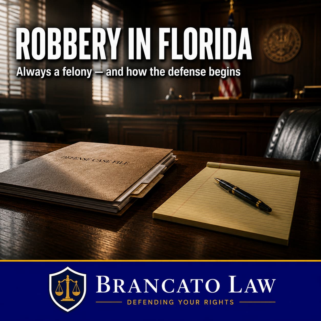 Featured image for a guide on robbery laws in Florida by Tampa criminal defense attorney Rocky Brancato of The Brancato Law Firm, P.A. An empty courtroom defense table with a case file and legal pad, representing the defense of robbery charges under Florida Statute 812.13, which range from a second-degree felony to a first-degree felony punishable by life in prison.