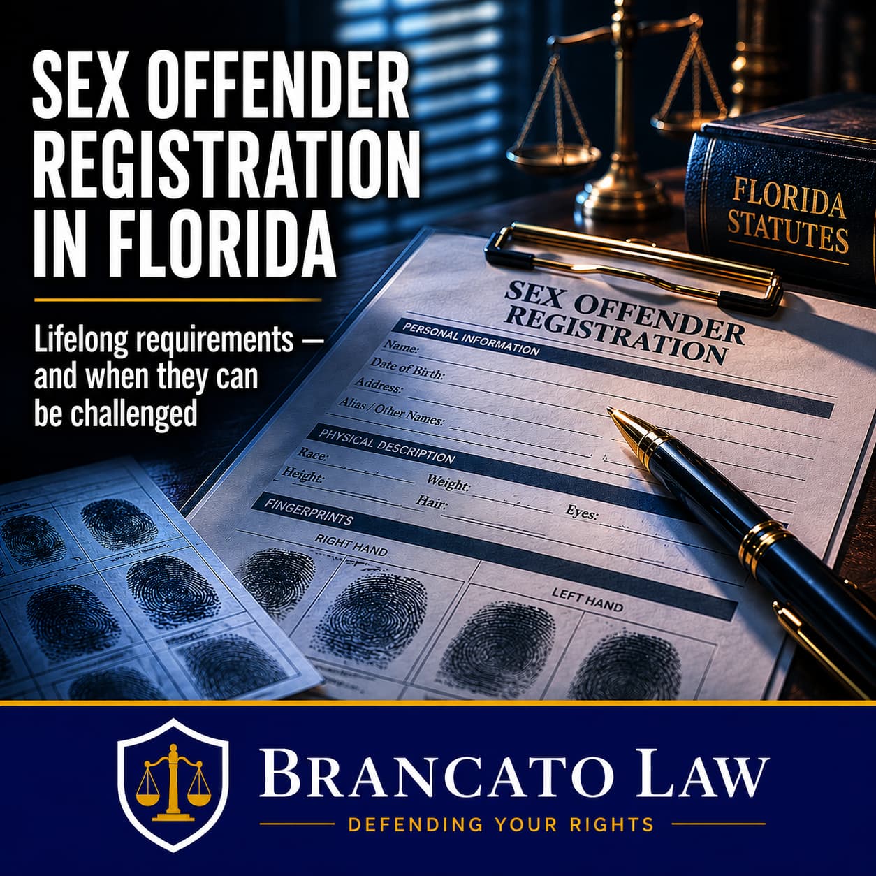 Featured image for a guide on sex offender registration in Florida by Tampa criminal defense attorney Rocky Brancato of The Brancato Law Firm, P.A. An official registration form with a pen and fingerprint card on a desk, representing the lifelong registration requirements under Florida Statute 943.0435 and the ability to challenge incorrect designations.