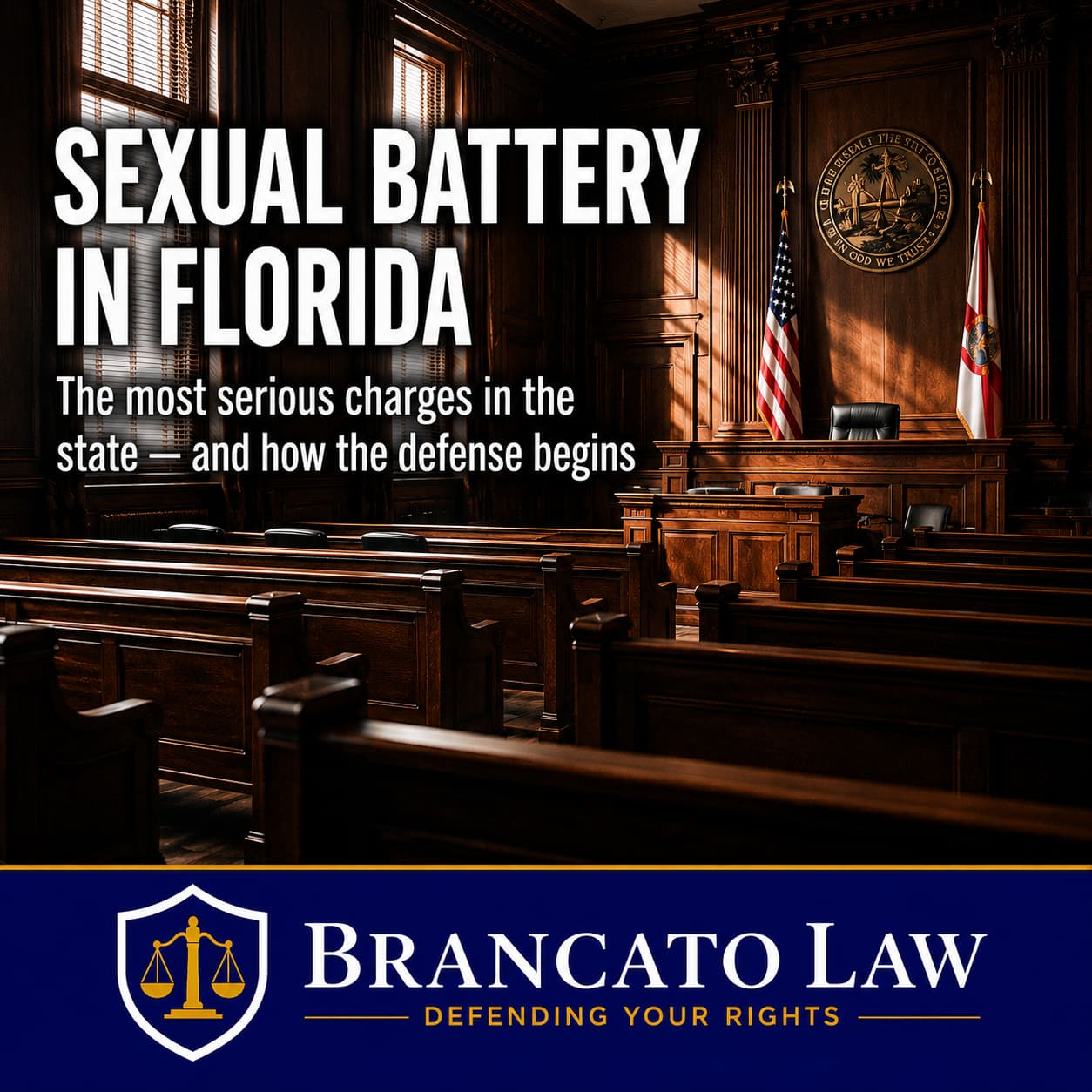 Featured image for a guide on sexual battery laws in Florida by Tampa criminal defense attorney Rocky Brancato of The Brancato Law Firm, P.A. An empty courtroom with dramatic light across the benches, representing the gravity of sexual battery charges under Florida Statute 794.011, which range from a first-degree felony to a capital felony.
