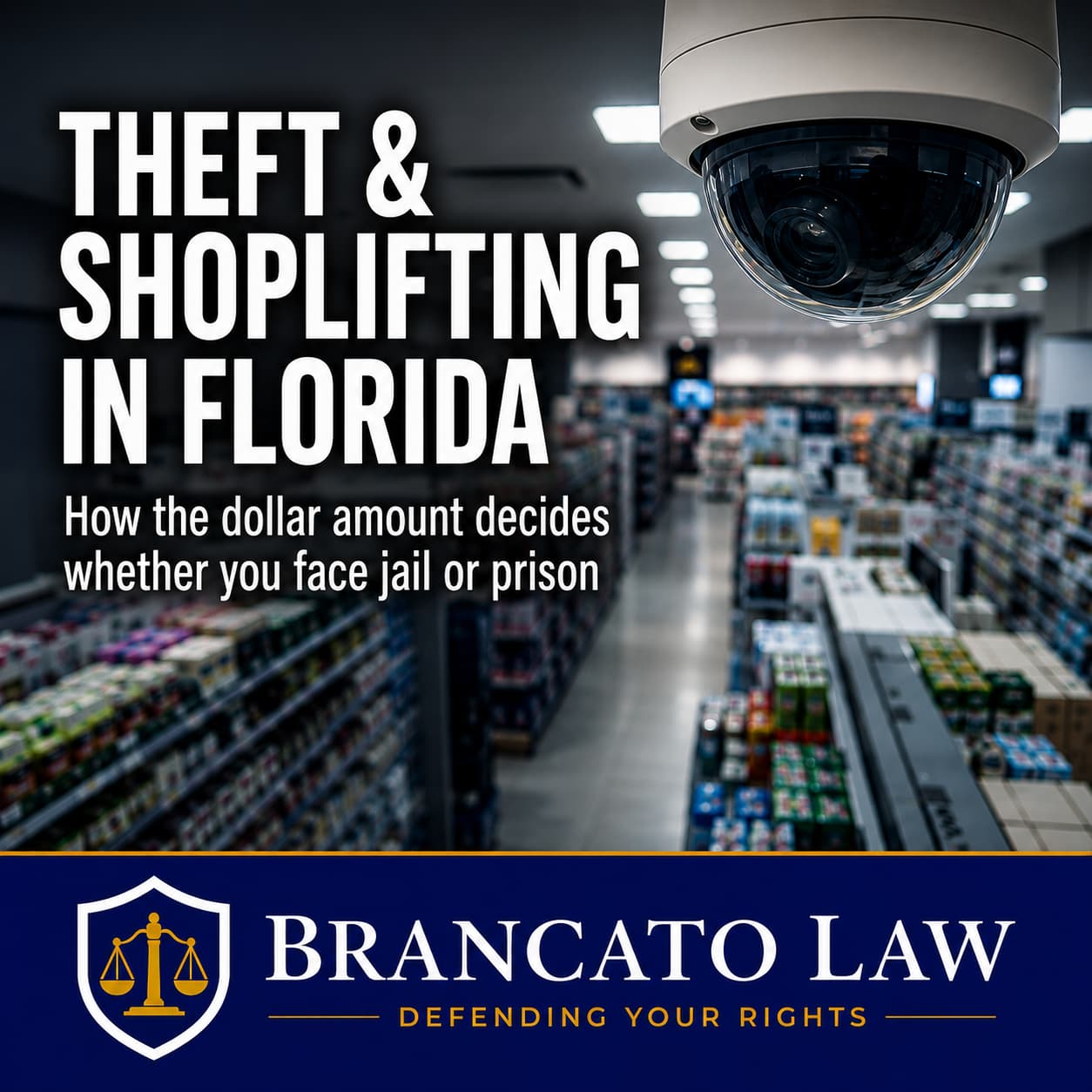 Featured image for a guide on theft and shoplifting laws in Florida by Tampa criminal defense attorney Rocky Brancato of The Brancato Law Firm, P.A. A retail store aisle with a security camera dome in focus, representing how surveillance and property valuation drive theft charges under Florida Statutes 812.014 and 812.015.