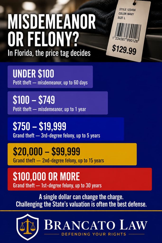 Infographic by Tampa criminal defense attorney Rocky Brancato of The Brancato Law Firm, P.A. showing how Florida theft penalties escalate by property value. Under $100 is petit theft up to 60 days. $100 to $749 is petit theft up to one year. $750 to $19,999 is third-degree grand theft up to five years. $20,000 to $99,999 is second-degree grand theft up to 15 years. $100,000 or more is first-degree grand theft up to 30 years. Challenging the State's valuation is often the best defense.