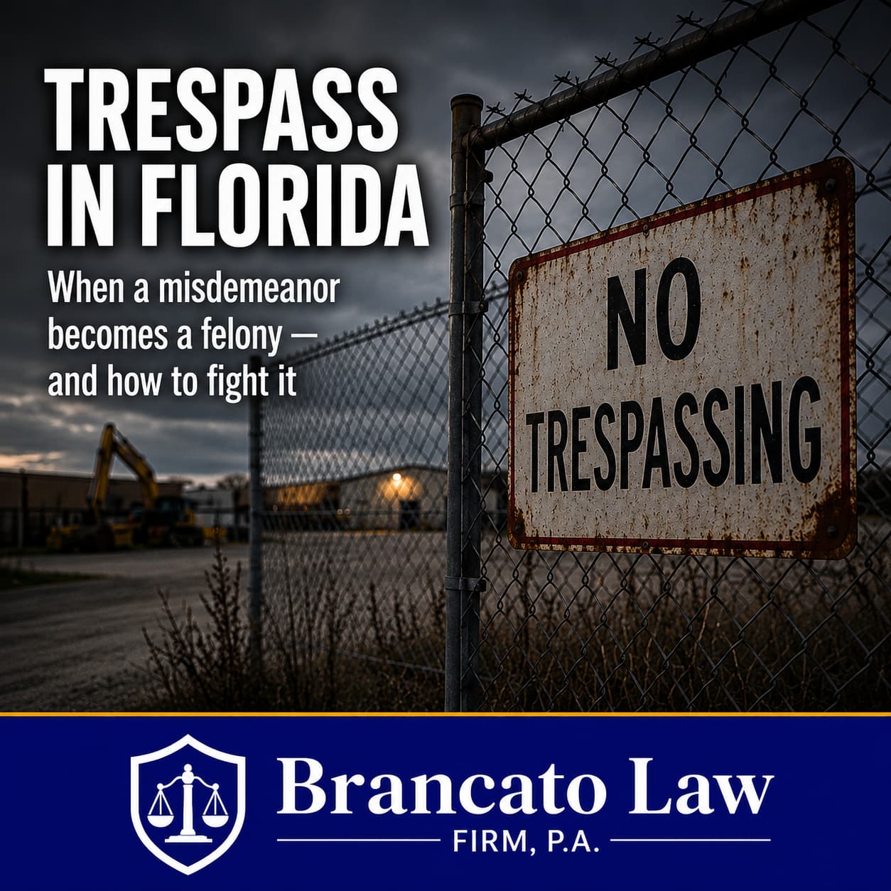 Featured image for a guide on trespass laws in Florida by Tampa criminal defense attorney Rocky Brancato of The Brancato Law Firm, P.A. A weathered No Trespassing sign on a chain-link fence at dusk in front of an industrial lot, representing the boundary between lawful presence and a criminal trespass charge under Florida Statutes 810.08 and 810.09.