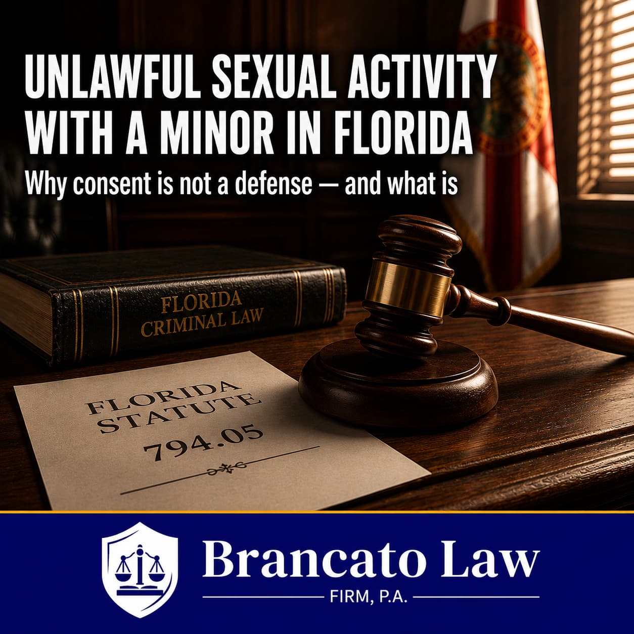 Featured image for a guide on unlawful sexual activity with a minor in Florida by Tampa criminal defense attorney Rocky Brancato of The Brancato Law Firm, P.A. A courtroom bench with a law book, gavel, and a document reading Florida Statute 794.05, representing the second-degree felony charge for sexual activity between a person 24 or older and a 16 or 17 year old.