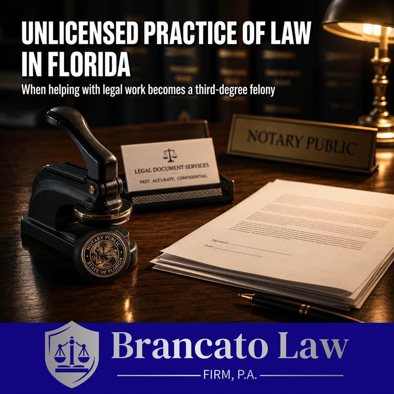 Featured image for a guide on the unlicensed practice of law in Florida by Tampa criminal defense attorney Rocky Brancato of The Brancato Law Firm, P.A. A dimly lit office desk with a notary seal, stacked legal documents, and business cards, representing how document preparers, notarios, and paralegals can cross the line into the unauthorized practice of law — a third-degree felony under Florida Statute 454.23.