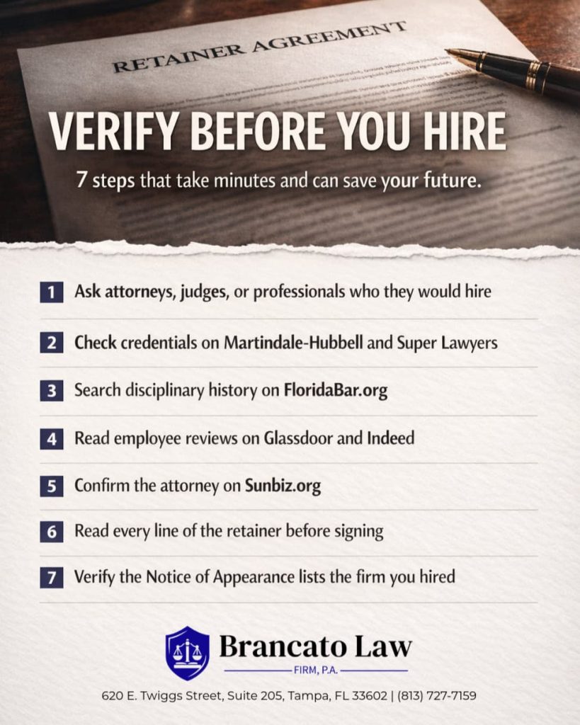 Infographic by Tampa criminal defense attorney Rocky Brancato of The Brancato Law Firm, P.A. showing seven verification steps before hiring a criminal defense attorney, displayed over a photorealistic image of a legal retainer agreement on a dark wood desk. Steps include asking legal professionals for referrals, checking Martindale-Hubbell and Super Lawyers credentials, searching disciplinary history on FloridaBar.org, reading employee reviews on Glassdoor and Indeed, confirming the attorney on Sunbiz.org, reading the retainer agreement carefully, and verifying the Notice of Appearance after hiring.