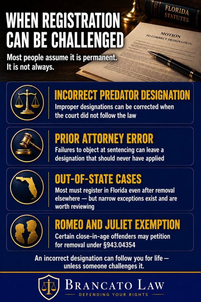 nfographic by Tampa criminal defense attorney Rocky Brancato of The Brancato Law Firm, P.A. showing when sex offender registration can be challenged in Florida. An incorrect sexual predator designation can be corrected when the court did not follow the law. Prior attorney errors at sentencing can leave a designation that should not have applied. For out-of-state cases, most offenders must still register in Florida even after removal elsewhere, though narrow exceptions exist. Certain close-in-age offenders may petition for removal under the Romeo and Juliet exemption, Statute 943.04354.