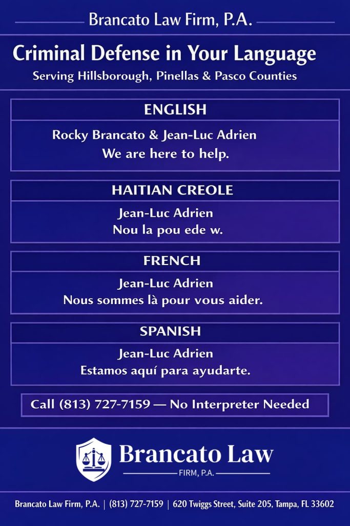 Infographic showing four languages available for criminal defense at The Brancato Law Firm in Tampa including English, Haitian Creole, French, and Spanish
