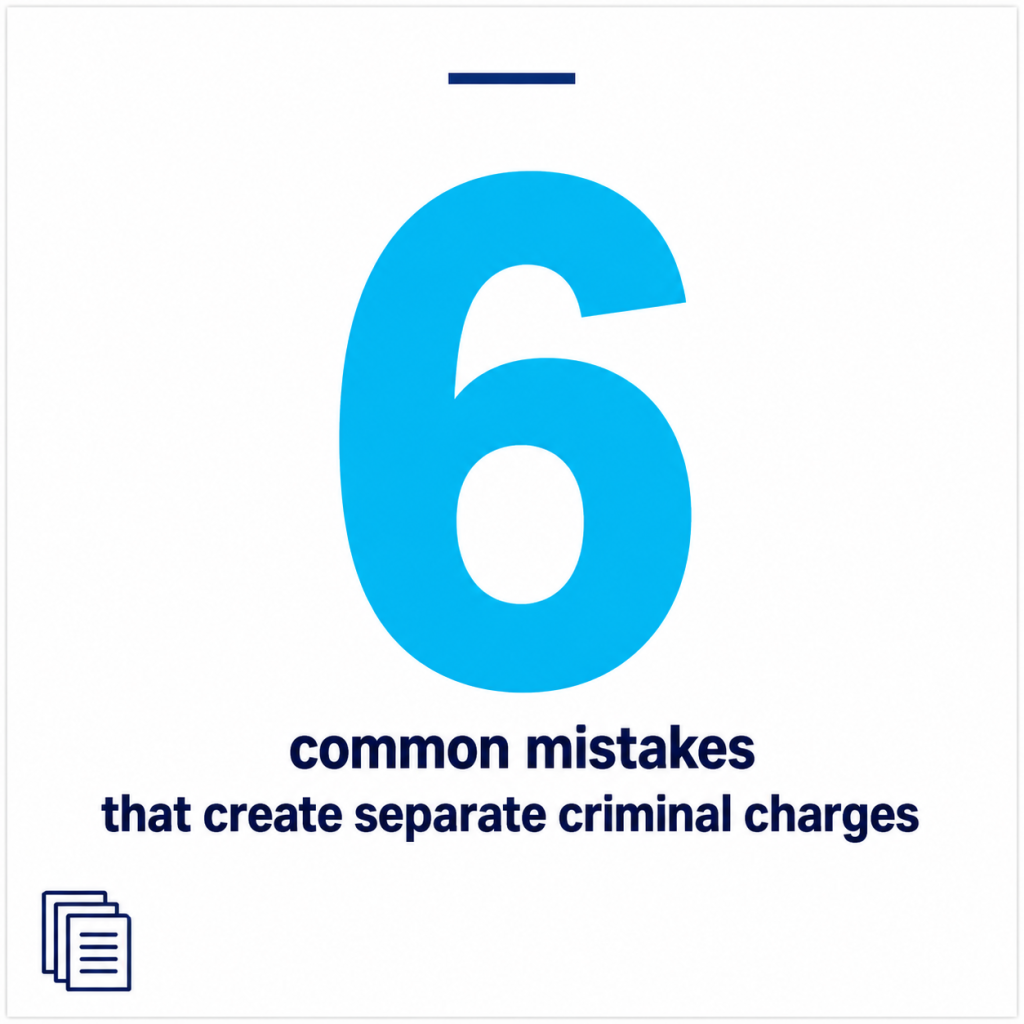 Stat card highlighting that six common mistakes during an investigation can each create separate criminal charges in Florida