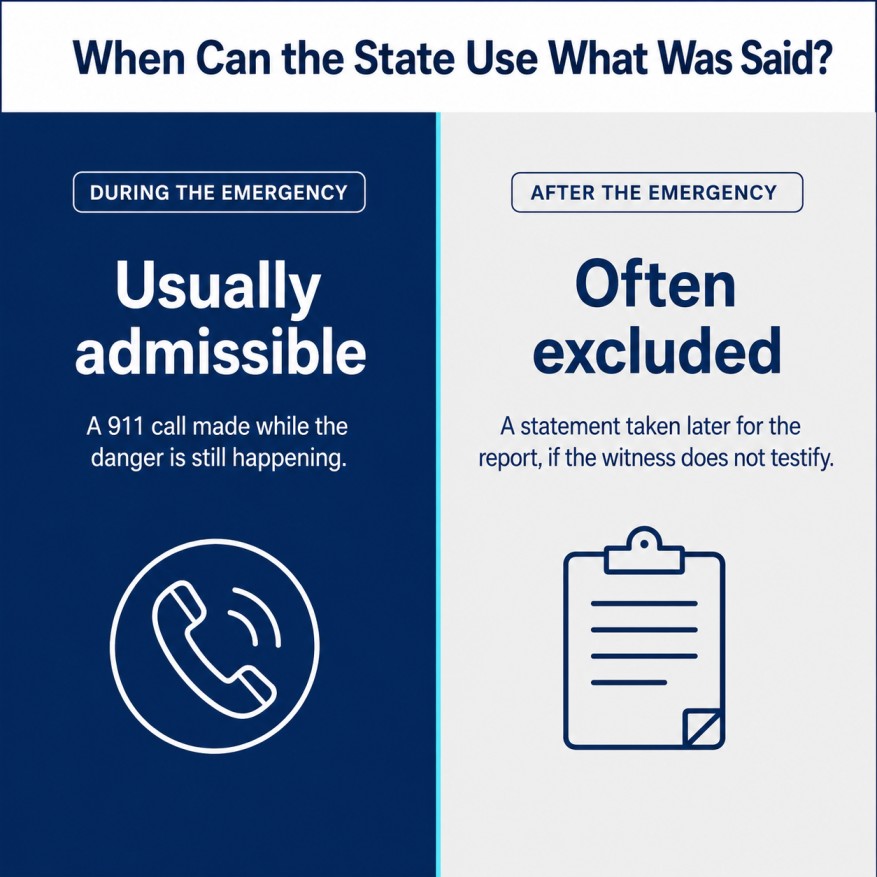 Split comparison graphic contrasting a statement made during an emergency, usually admissible, with one made afterward, often excluded 
