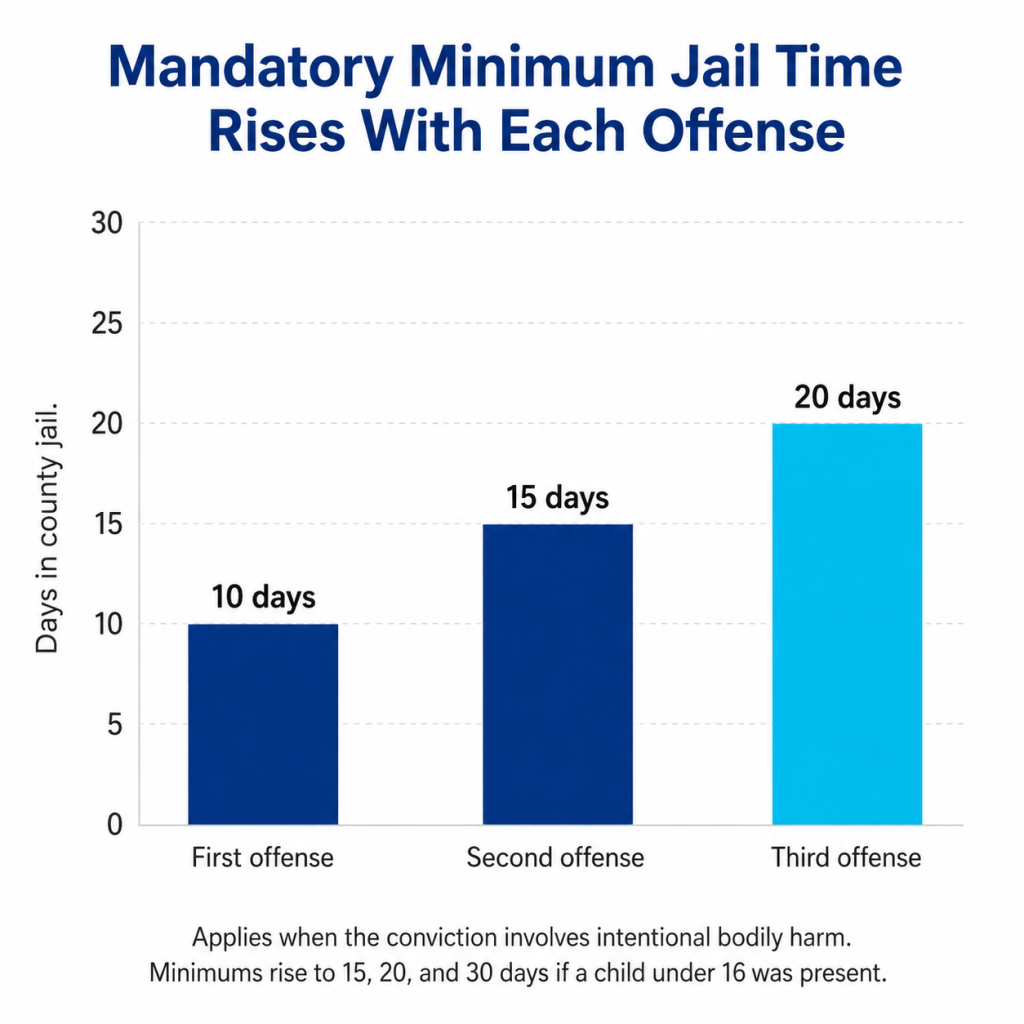 Bar chart showing Florida domestic violence mandatory minimum jail time rising from 10 to 15 to 20 days across first, second, and third offenses 