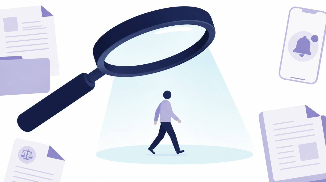 Illustration of a person walking under a magnifying glass spotlight surrounded by documents and mobile notifications, representing digital surveillance, monitoring, privacy, or compliance tracking.