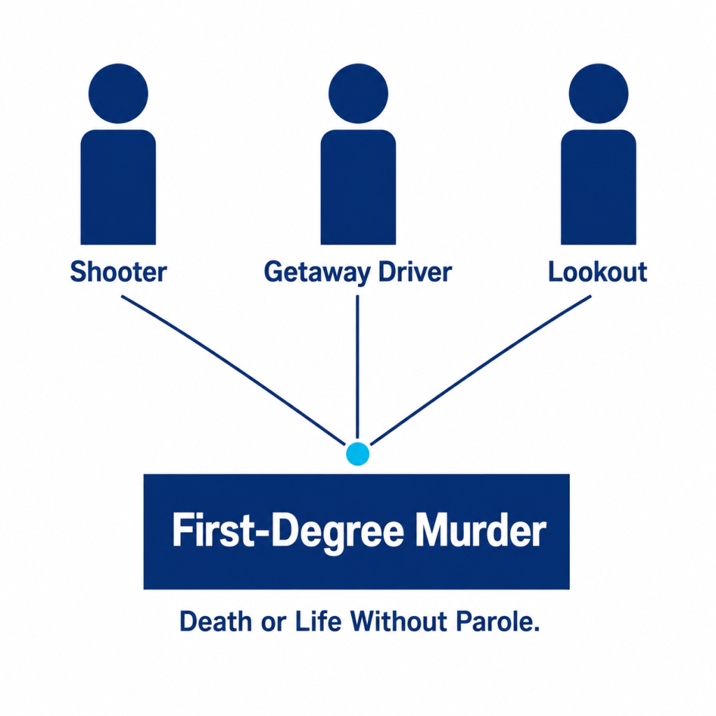 Diagram showing three participant roles converging to a single first-degree murder charge
