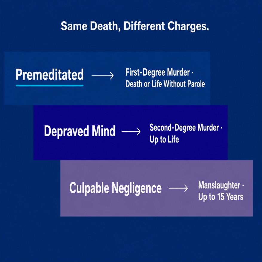 Descending staircase diagram showing three mental states mapped to Florida homicide charges and penalties