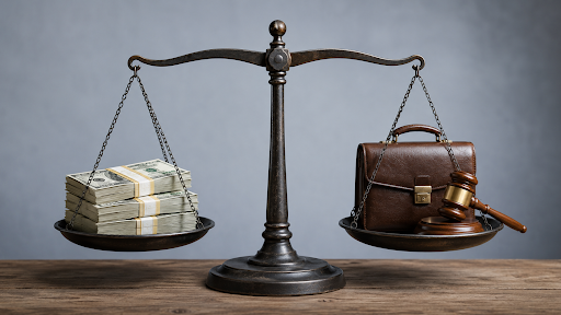 justice scale with bundle of money on the left and an attorney's arsenal on the right