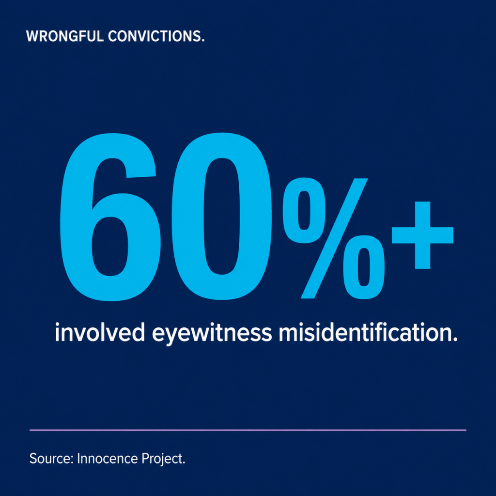 Stat card showing over 60 percent of Innocence Project wrongful convictions involved eyewitness misidentification