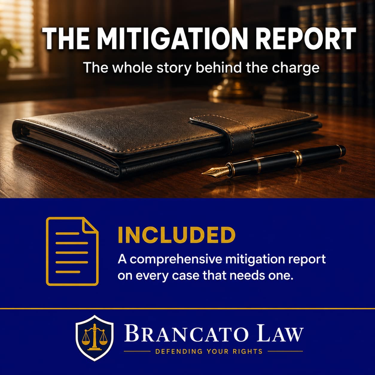 Cover graphic from The Brancato Law Firm, P.A. defining a criminal mitigation report, included on Tampa Bay cases that need one.