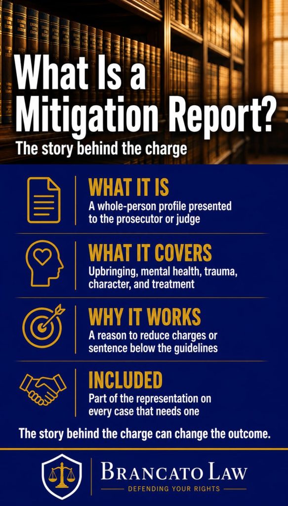 Infographic from The Brancato Law Firm, P.A. explaining what a criminal mitigation report is and why it can reduce charges in Florida.