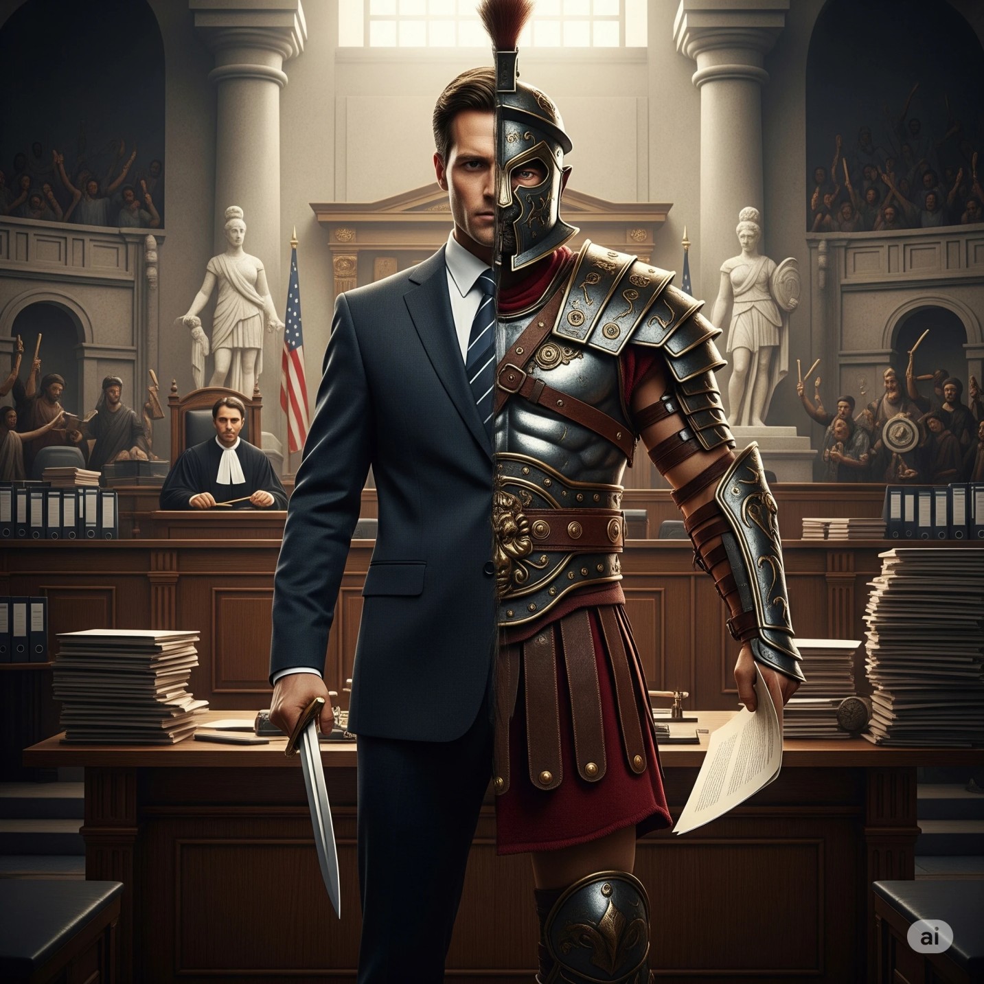half attorney half warrior in a courtroom