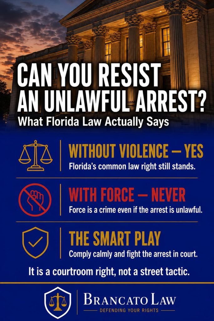 Resisting an unlawful arrest infographic by The Brancato Law Firm, P.A. — Florida's common law allows resisting an illegal arrest without violence, but using force against an officer is a crime even when the arrest is unlawful.