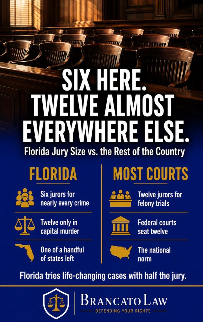 Florida jury size comparison infographic by The Brancato Law Firm, P.A. — six jurors for nearly every Florida crime and twelve only in capital murder, versus twelve jurors in federal court and most states.