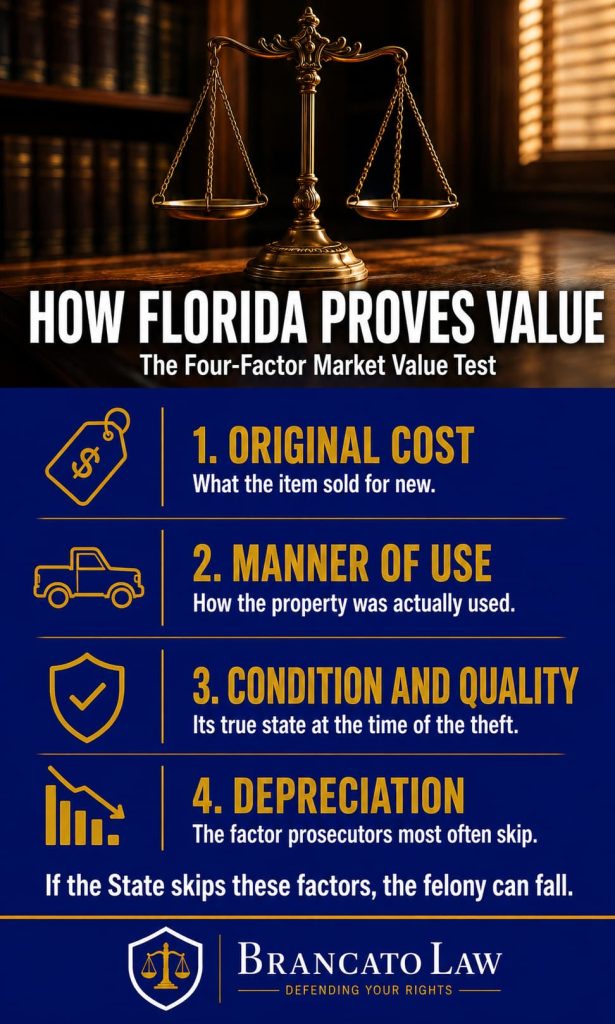 Florida four-factor market value test infographic by The Brancato Law Firm, P.A. — courts weigh original cost, manner of use, condition and quality, and depreciation to prove the value of stolen property in grand theft cases.