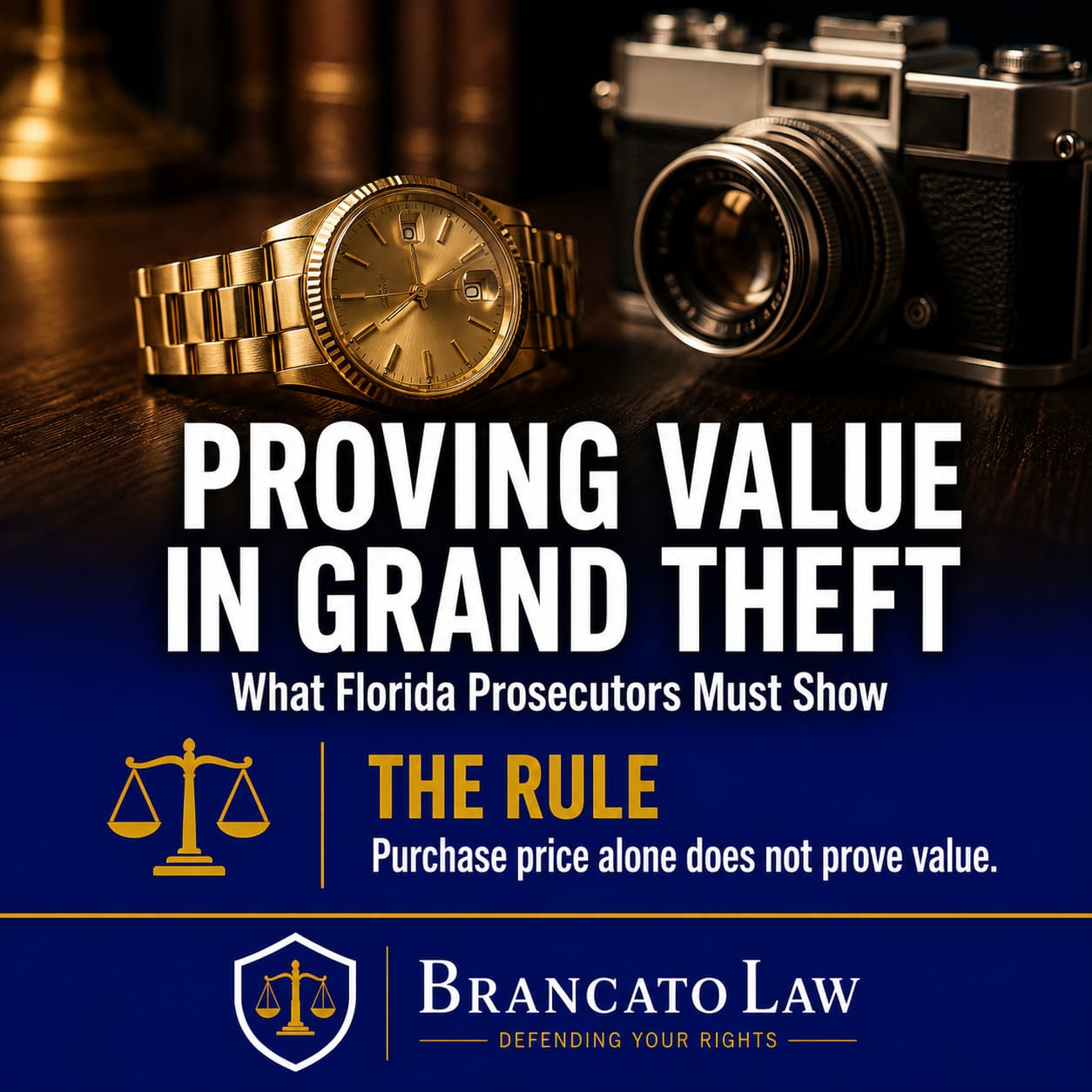 Grand theft value in Florida infographic by The Brancato Law Firm, P.A. — value is an element the State must prove beyond a reasonable doubt, and purchase price alone does not prove the fair market value of stolen property.