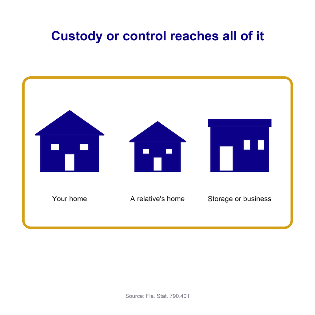 Diagram showing a Florida risk protection order reaches firearms at your home, a relative's home, or a storage unit or business