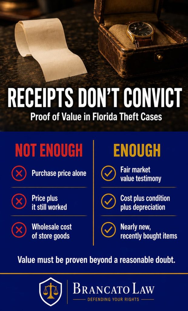 Proof of value in Florida grand theft infographic by The Brancato Law Firm, P.A. — purchase price alone is not enough to convict; the State needs fair market value evidence including condition and depreciation.
