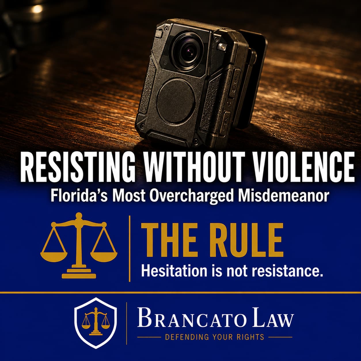 Resisting an officer without violence infographic by The Brancato Law Firm, P.A. — a first-degree misdemeanor in Florida that requires actual obstruction of a lawful police duty; hesitation is not resistance.