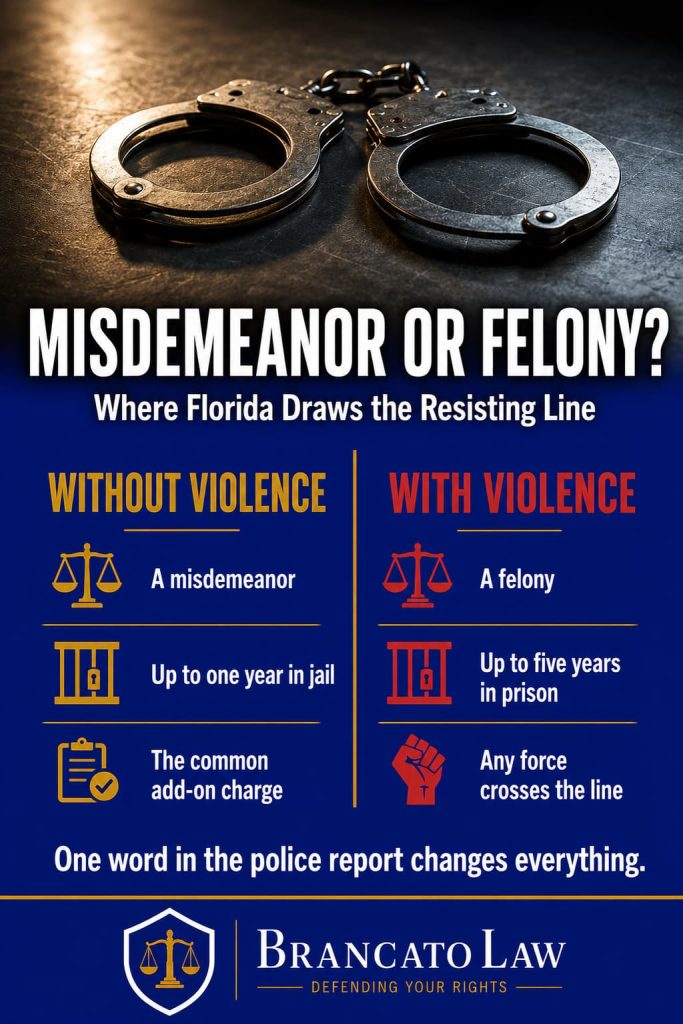 Resisting with violence versus without violence infographic by The Brancato Law Firm, P.A. — resisting without violence is a first-degree misdemeanor and resisting with violence is a third-degree felony in Florida.