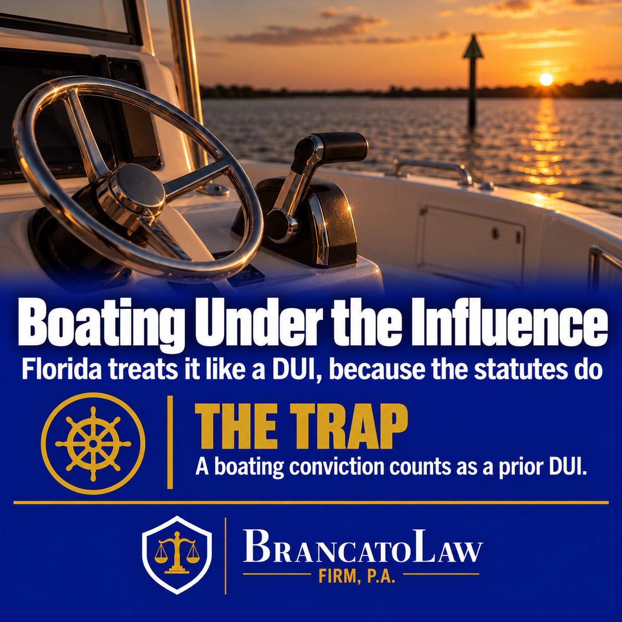 Boating under the influence infographic from The Brancato Law Firm, P.A., showing that a Florida BUI conviction counts as a prior DUI conviction under the statutes.