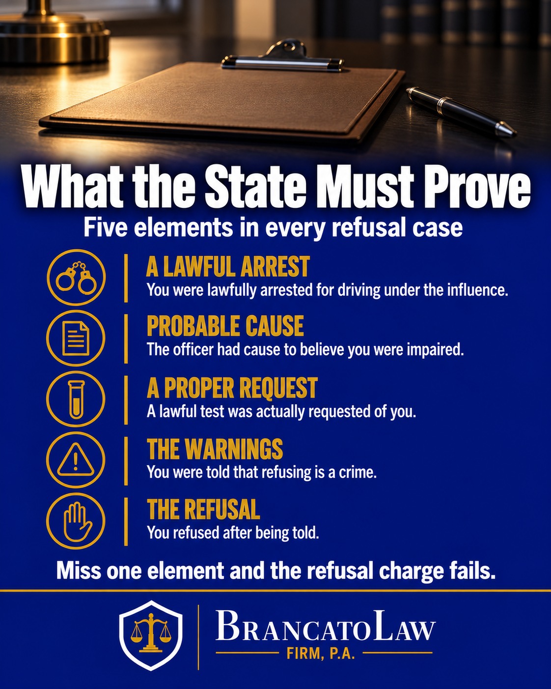 Breathalyzer refusal elements infographic from The Brancato Law Firm, P.A., listing the lawful arrest, probable cause, proper test request, required warnings, and the refusal itself under Florida law.