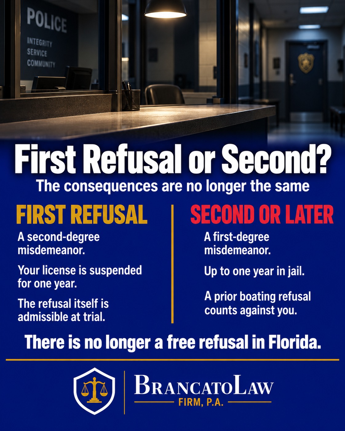 Breathalyzer refusal comparison infographic from The Brancato Law Firm, P.A., comparing a first refusal as a second-degree misdemeanor with a one-year suspension against a second refusal as a first-degree misdemeanor carrying up to a year in jail.