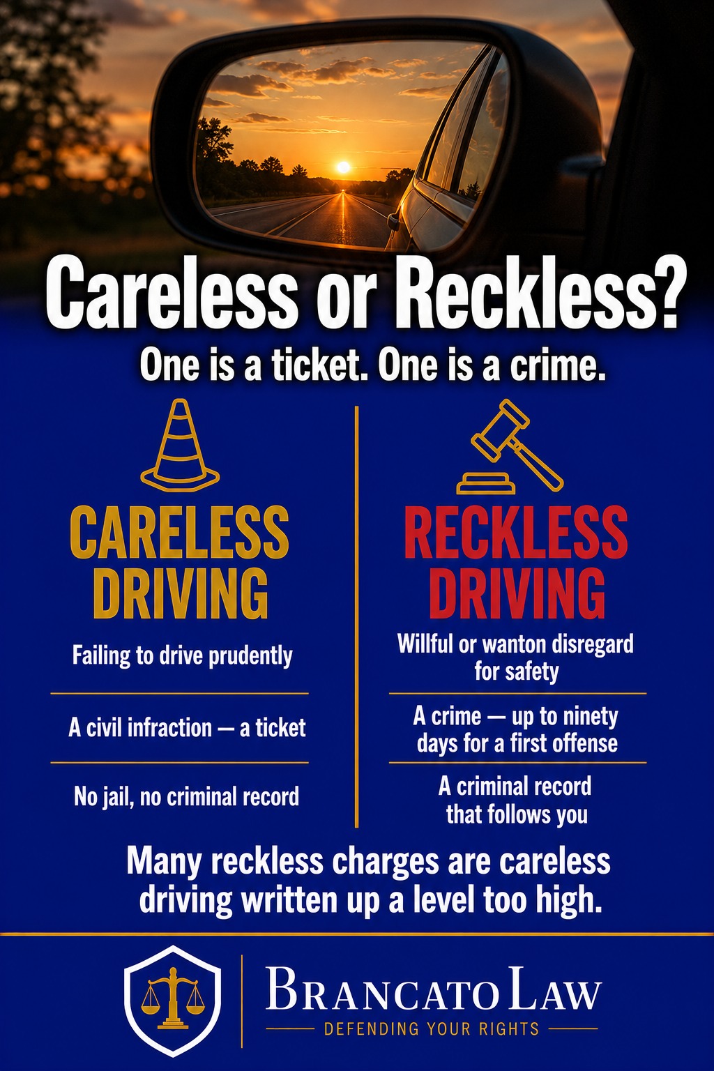 Comparison of careless driving, a civil infraction, versus reckless driving, a crime requiring willful or wanton disregard for safety, in Florida, by The Brancato Law Firm, P.A. in Tampa.