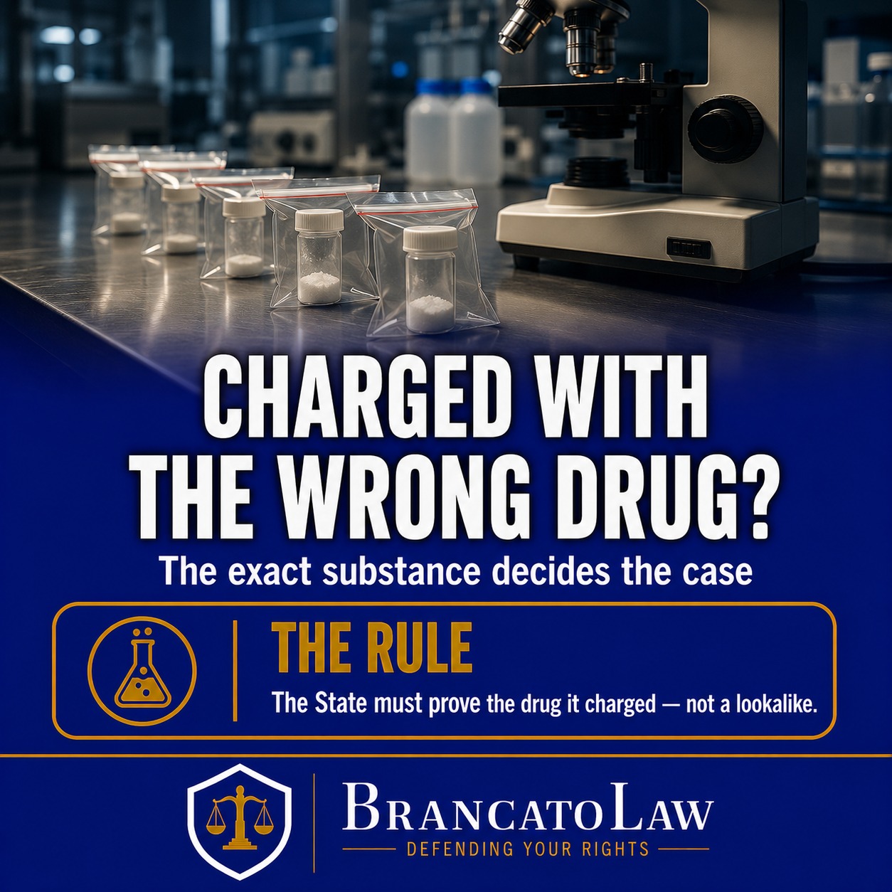 Infographic cover on wrong-drug charges in Florida: the State must prove the exact substance it charged, not a chemical lookalike — a mismatch can end the case. Brancato Law, Tampa criminal defense.