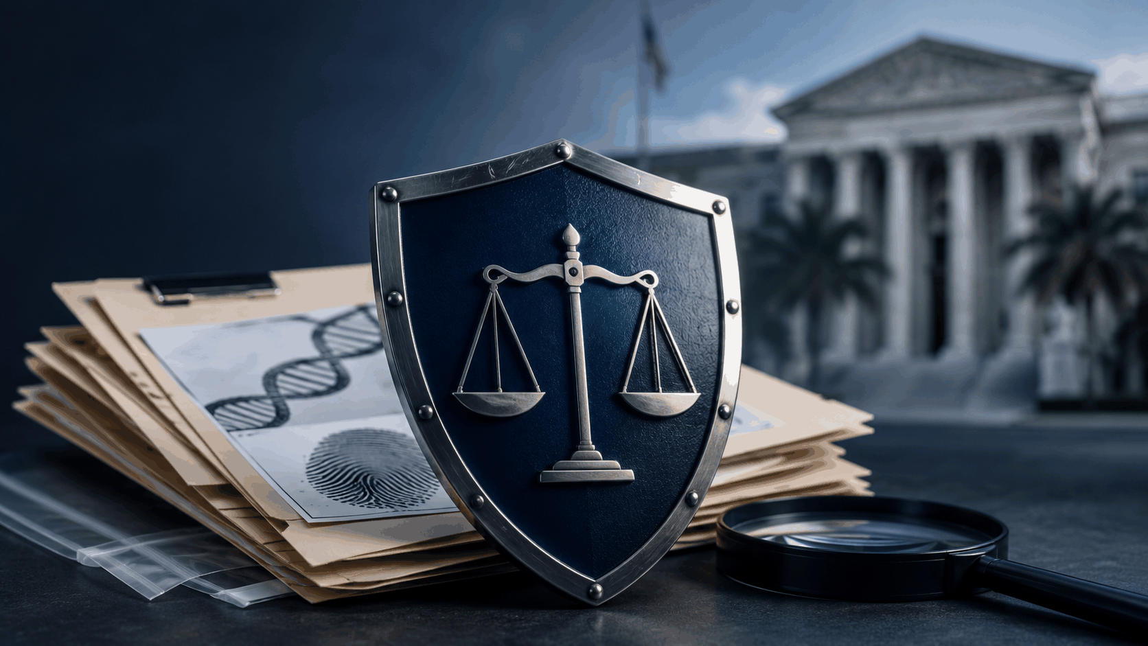 Legal defense shield with scales of justice in front of forensic evidence files showing DNA and fingerprint analysis, with a courthouse in the background.