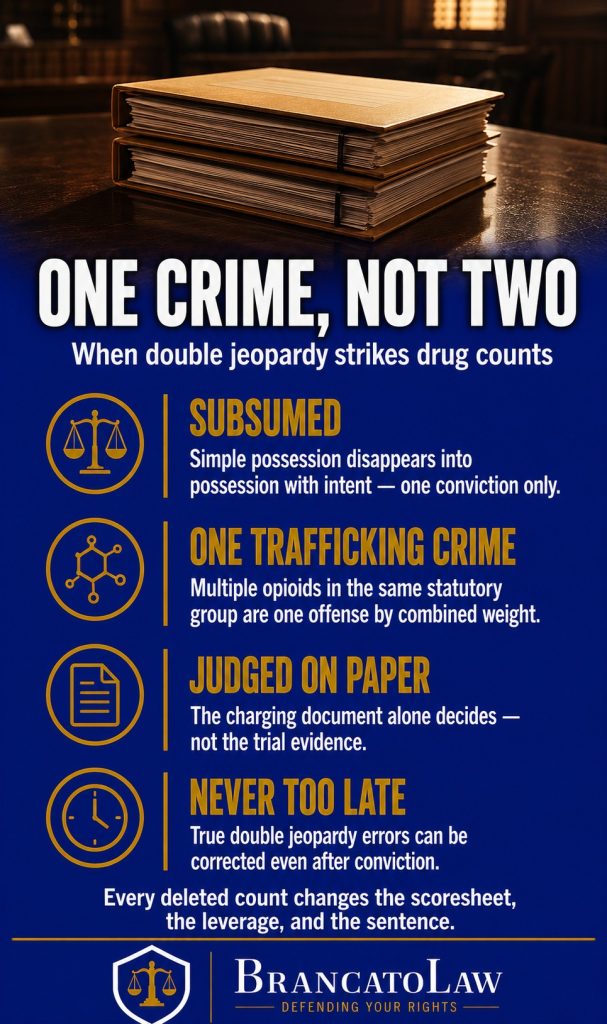 Infographic on Florida double jeopardy in drug cases: simple possession is subsumed by possession with intent, multiple opioids in one statutory group are a single trafficking crime by combined weight, and the charging document decides. Brancato Law, Tampa.