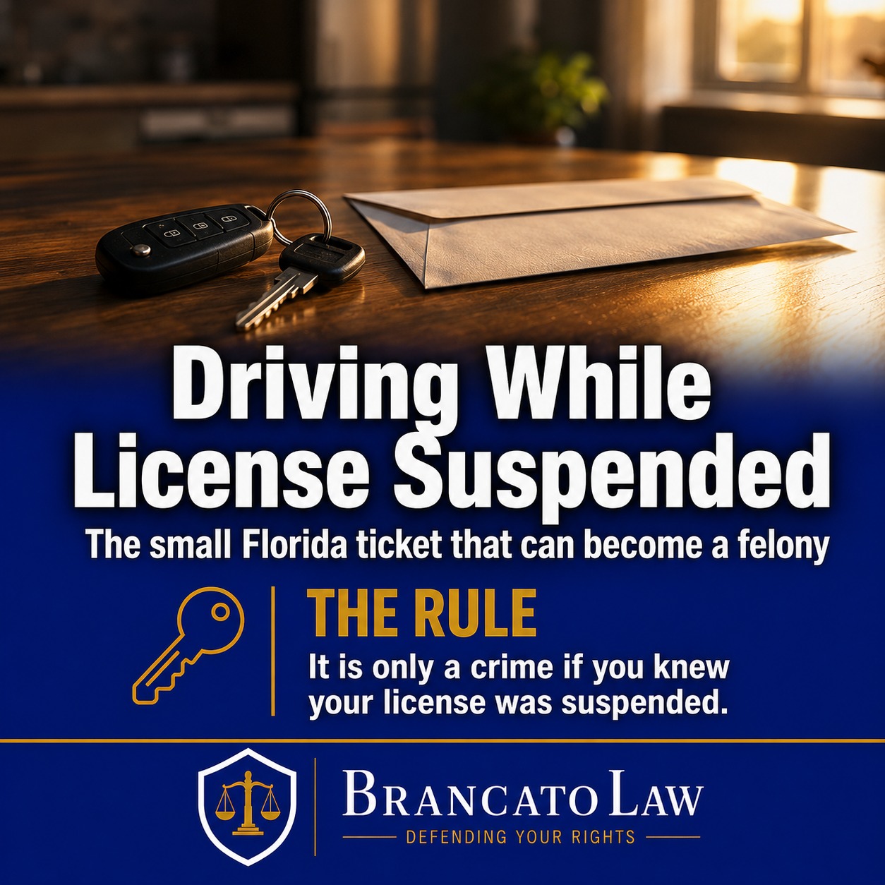 Cover graphic explaining that driving while license suspended in Florida is only a crime when the driver knew of the suspension, from The Brancato Law Firm, P.A. in Tampa.