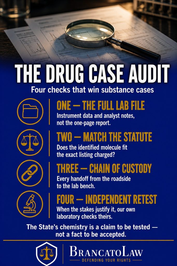 Infographic on the four-step drug case defense audit: obtain the full lab file, match the molecule to the exact statutory listing, trace chain of custody, and retest independently. Brancato Law, Tampa criminal defense.