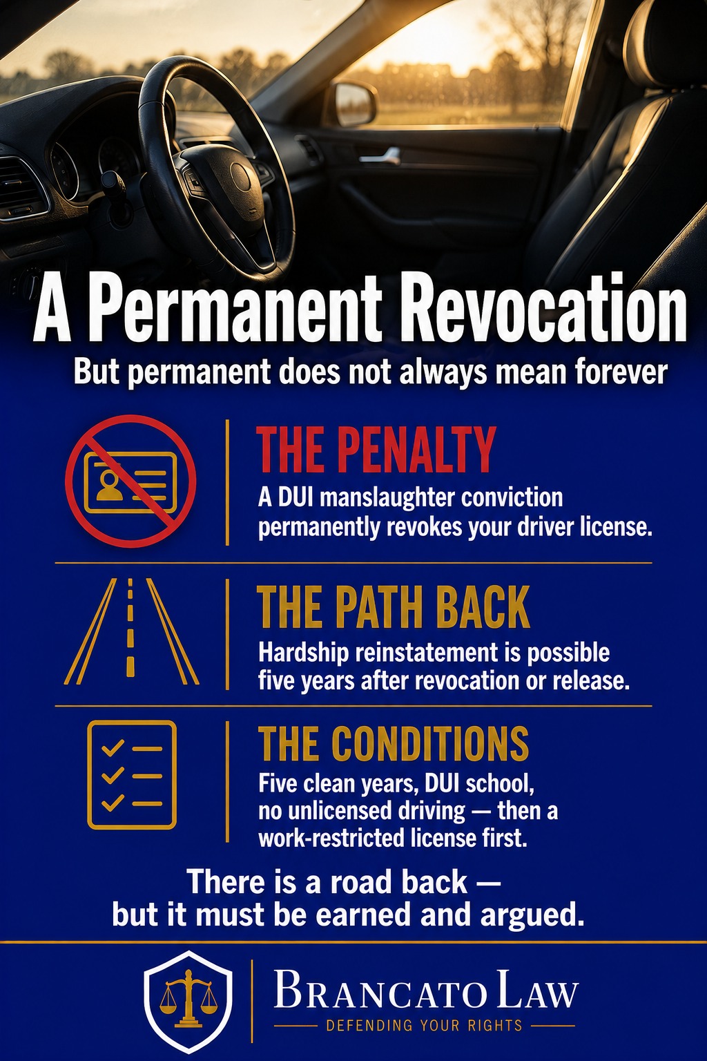 Infographic explaining that a Florida DUI manslaughter conviction brings permanent driver license revocation, with hardship reinstatement possible five years after revocation or release under strict conditions, from The Brancato Law Firm, P.A.