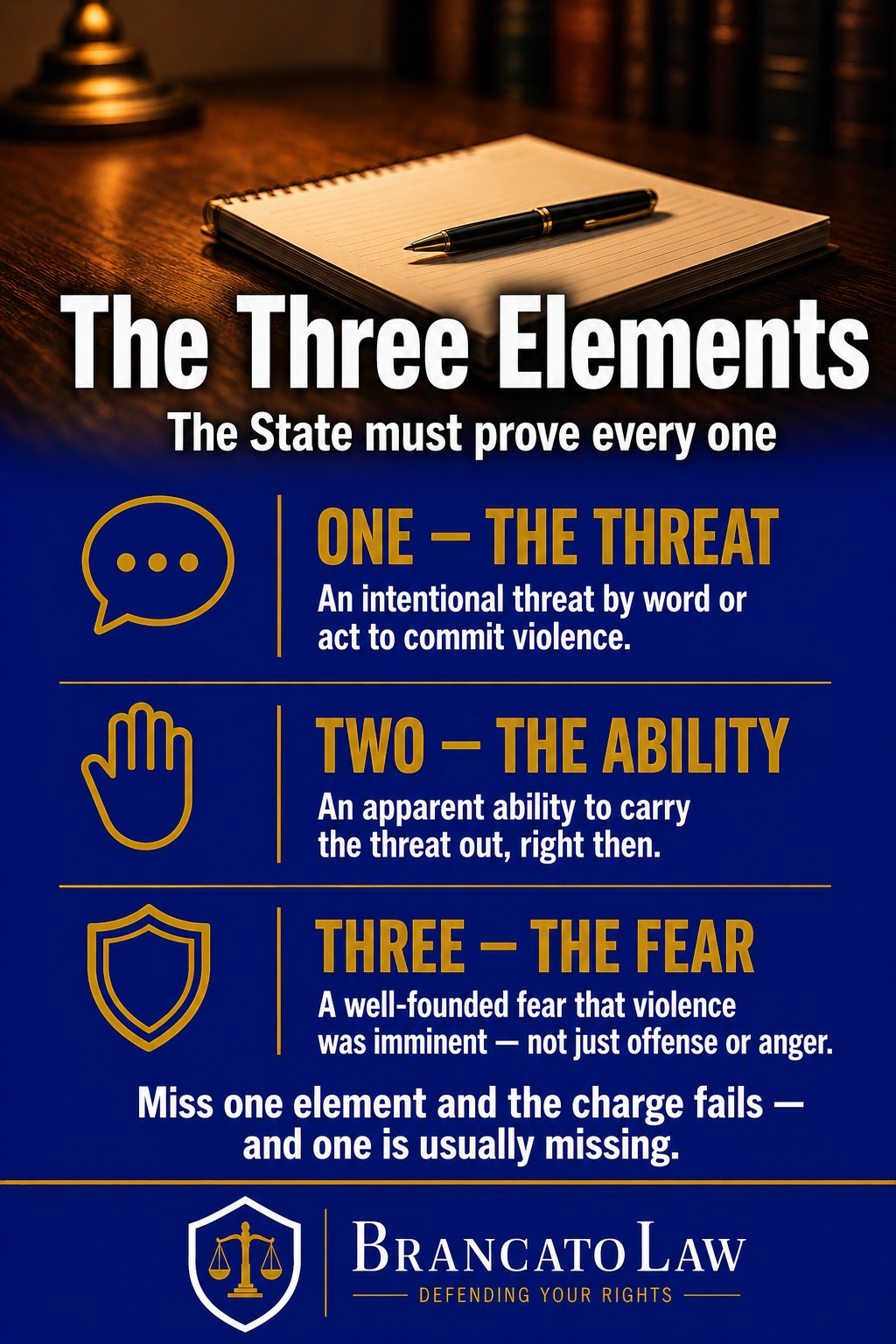 Infographic listing the three elements of assault in Florida — an intentional threat, apparent ability, and well-founded fear of imminent violence — from The Brancato Law Firm, P.A. in Tampa.