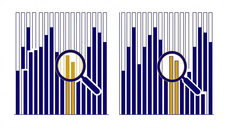 Two DNA profile bar charts compared under a magnifying glass, with highlighted bars showing a mismatch