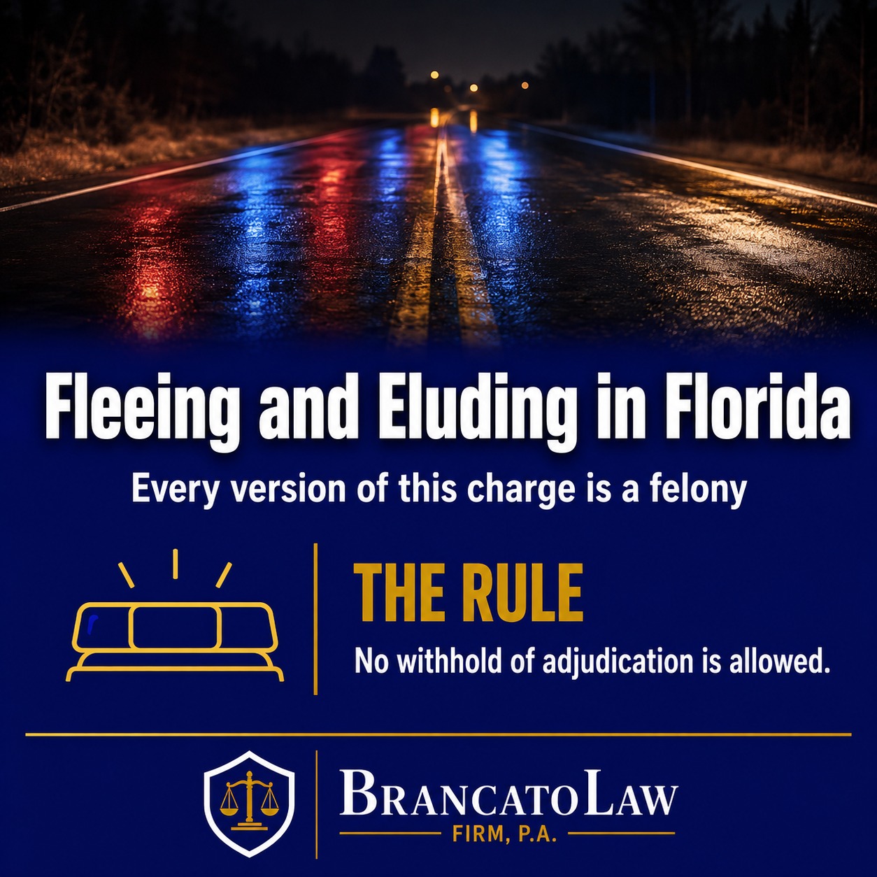 Fleeing and eluding in Florida infographic from The Brancato Law Firm, P.A., showing that every fleeing and eluding charge is a felony and no withhold of adjudication is allowed.