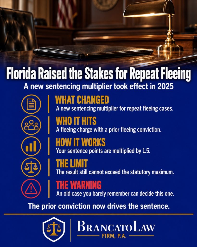 Repeat fleeing and eluding sentencing multiplier infographic from The Brancato Law Firm, P.A., explaining Florida's 2025 change multiplying sentence points by 1.5 when a fleeing charge follows a prior fleeing conviction.
