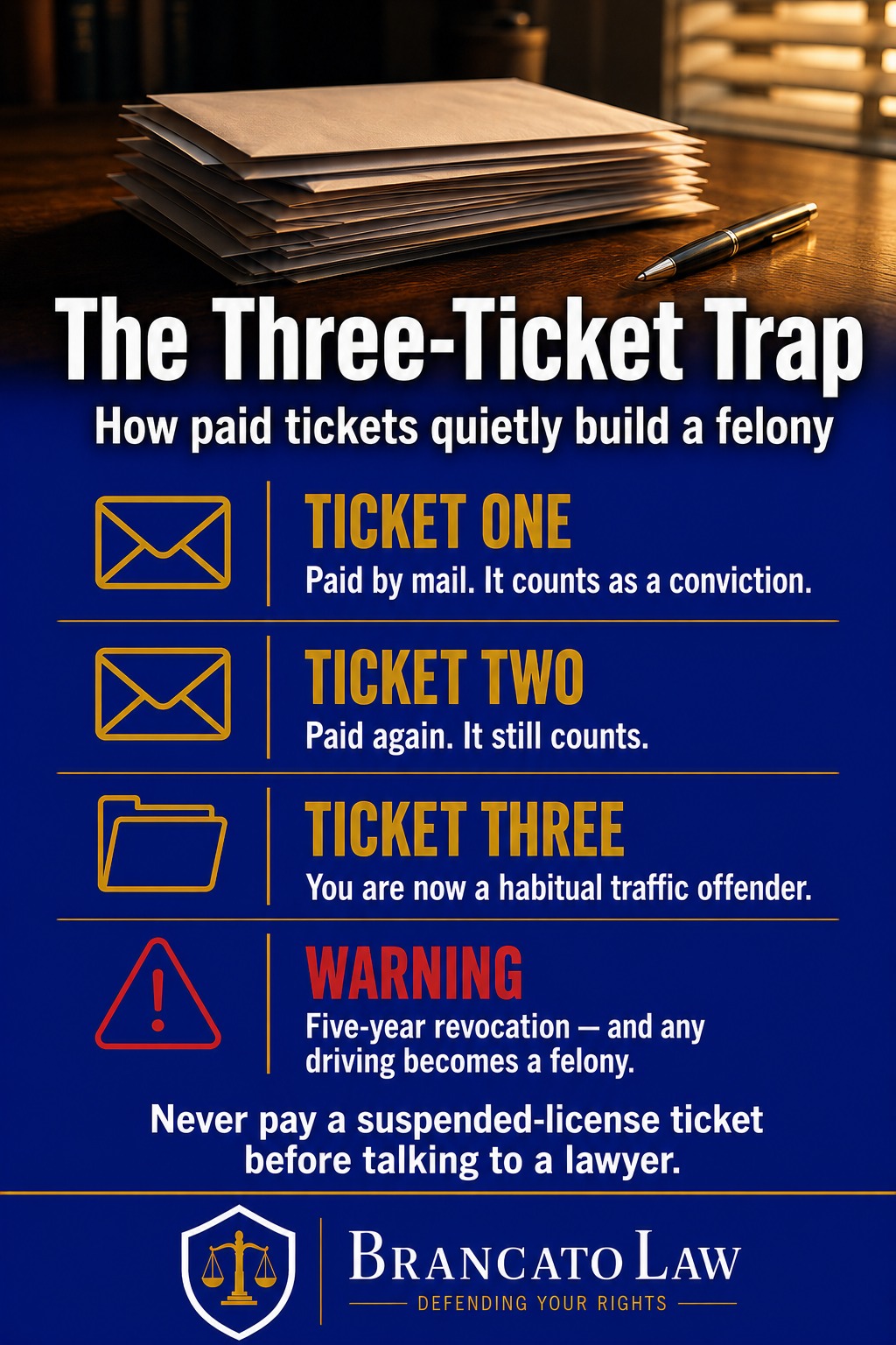 Infographic showing how three driving-while-suspended convictions within five years — even paid-by-mail tickets — trigger Florida habitual traffic offender status, a five-year revocation, and felony exposure, from The Brancato Law Firm, P.A.