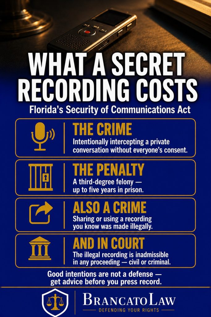 Infographic on Florida illegal recording penalties: secretly intercepting a private conversation is a third-degree felony with up to five years in prison, sharing the recording is also a crime, and the recording is inadmissible in court. Brancato Law, Tampa.